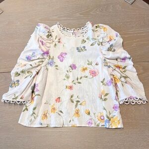 Laura Ashley Top Women’s Small Cottagecore White Floral Linen Lace Puff Sleeve
